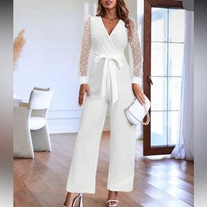 Elegant White Jumpsuit Polka Dot Mesh Sheer Sleeves
